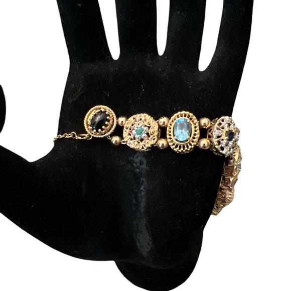 VINTAGE 14K YELLOW GOLD SLIDE BRACELET, GEMSTONES, GOLD BALL AND CHAIN SPACERS - Picture 14 of 17